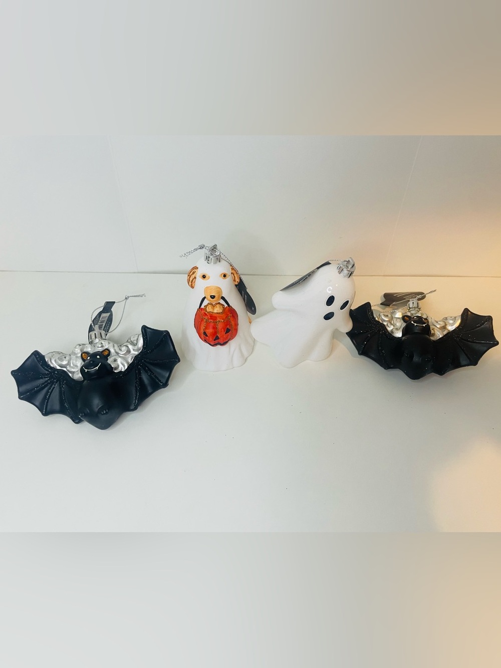 Halloween Bat, Dog and Ghost Ornaments - Black, White, Orange, Silver, Set of 4